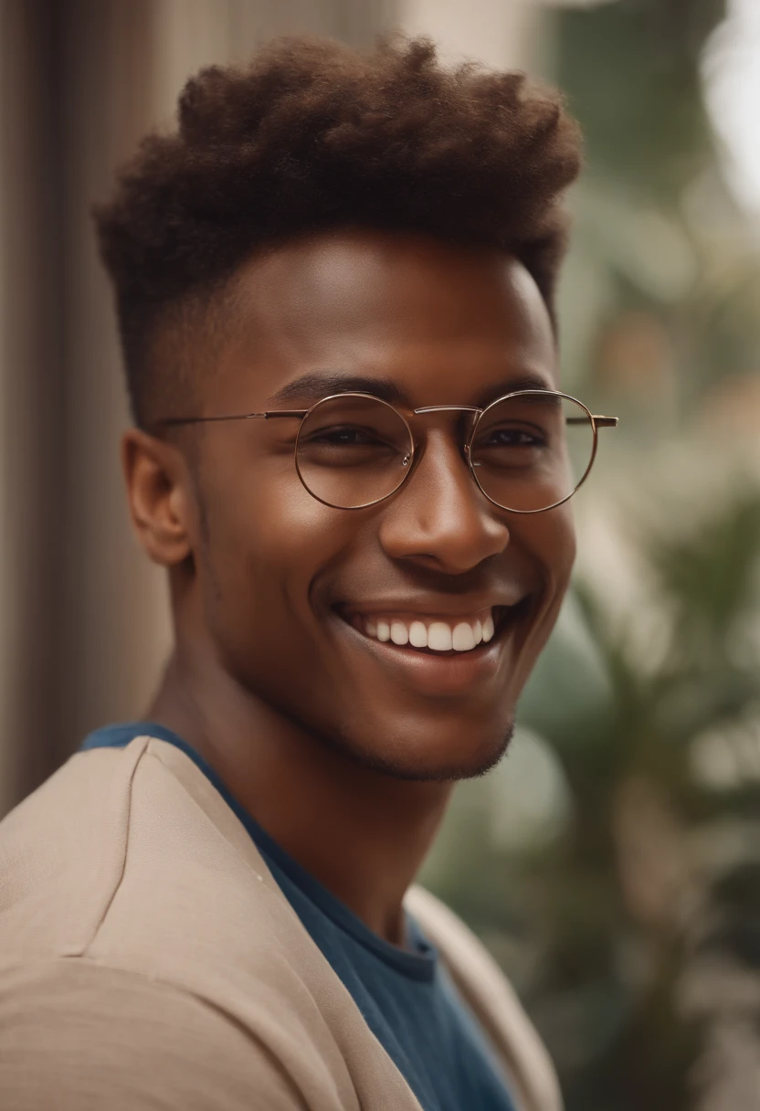 A tall brown skin-colored man with messy hair on top and shaved on the sides and slightly square face, No beard and square black glasses, vestido com uma camiseta azul marinho, shorts jeans, sitting on the beige sofa in the background a painting written TOTVS boy and watching TV smiling looking at the notebook and next to it a beige Siberian Husky dog smiling