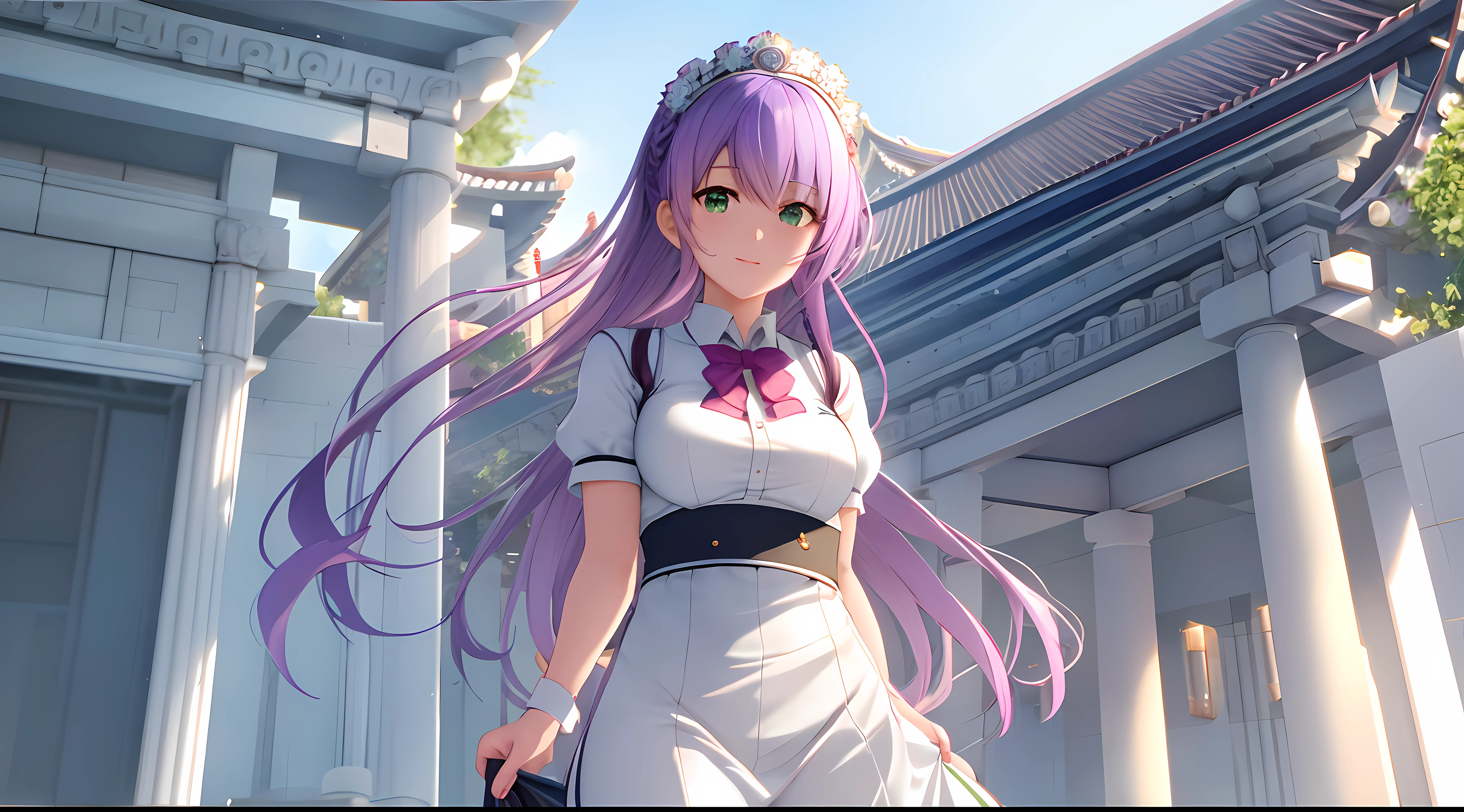 Athena with plain long light purple hair,hair between eyes,green eyes,rosy cheeks,full lips,thin eyebrows,slender body,wearing maid uniform and full long skirt,cute anime girl,full body,athens temple baths in background,anime style,Lumen Reflections,Screen Space Reflections,Diffraction Grading,Chromatic Aberration,GB Displacement,Scan Lines,Ray Traced,Anti-Aliasing,FXAA,TXAA,RTX,SSAO,Shaders,OpenGL-Shaders, GLSL-Shaders,Post Processing,Post-Production,cell Shading,Tone Mapping,CGI,VFX,SFX,insanely detailed and intricate, 4K,standing, solo, masterpiece, best quality, detailed face, detailed eyes, highres, standing, solo,masterpiece, best quality