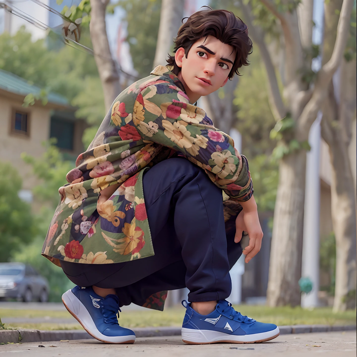 Homem agachado em um meio-fio com seu skate, caio santos, andrea rocha, daniel mirante, Amr Elshamy, Estilo Mohamed Chahin, Mohamed Chahin, by Almeida Júnior, suave em _ O pano de fundo, ele tem cabelos castanhos curtos e cacheados, Nick Drnaso, Jaime Jasso, Asher Duran