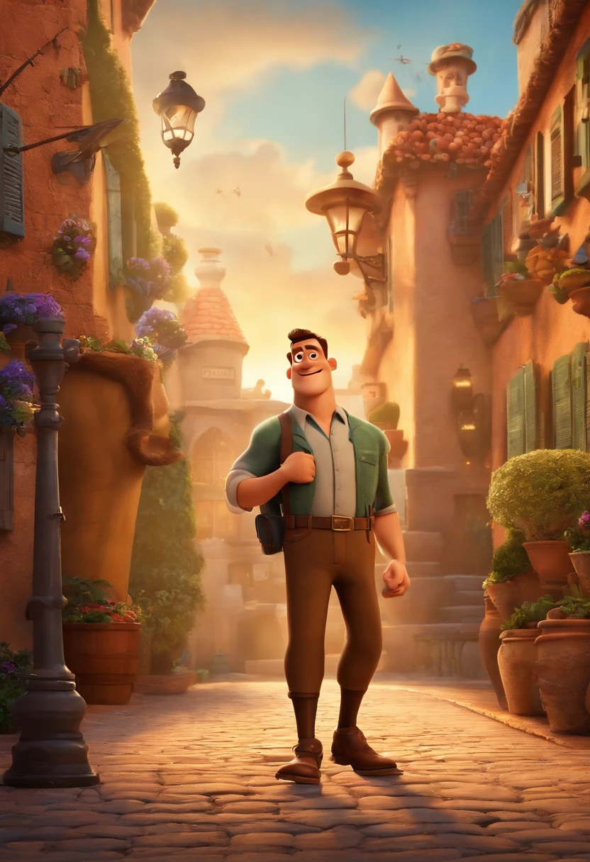 a Disney pixar-inspired movie poster with the title ("Professor Vet"). O professor em sua sala de aula com roupas pretas, cabelo baixo corte militar, de cor da pele parda, olhos castanhos, altura 1.66 cm, with a serious eye, Brown with a watch on his right arm) a cena deve estar no distinto estilo de arte digital da Pixar, with a focus on character expressions, Vibrant colors and detailed textures that are characteristic of animations