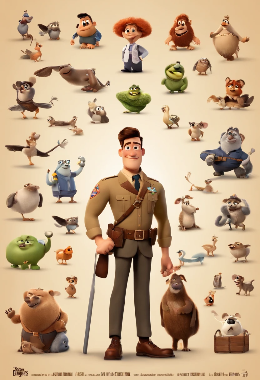 a Disney pixar-inspired movie poster with the title ("Professor Vet").  O professor em sua sala de aula  com roupas pretas, cabelo baixo corte militar, de cor da pele parda, olhos castanhos, altura 1.66 cm, with a serious eye, Brown with a watch on his right arm) a cena deve estar no distinto estilo de arte digital da Pixar, with a focus on character expressions, Vibrant colors and detailed textures that are characteristic of animations