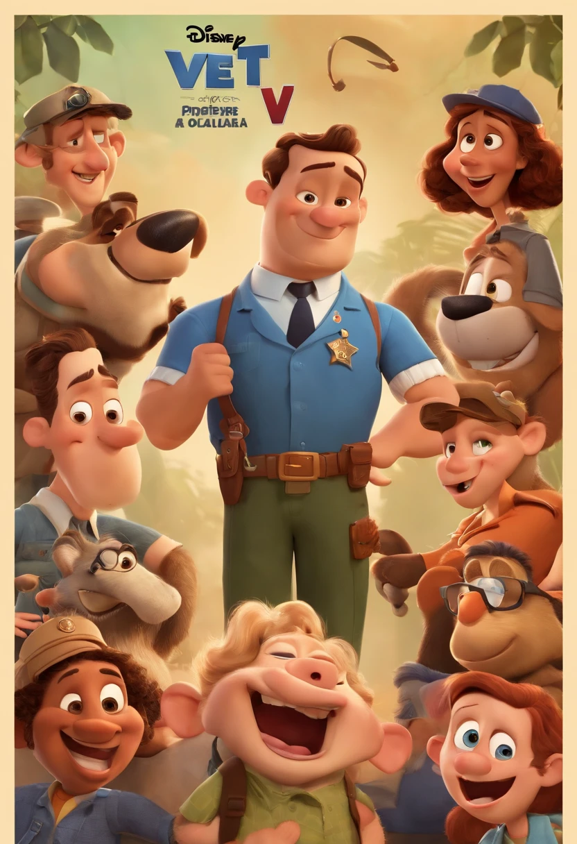 a Disney pixar-inspired movie poster with the title ("Professor Vet"). O professor em sua sala de aula com roupas pretas, cabelo baixo corte militar, de cor da pele parda, olhos castanhos, altura 1.66 cm, with a serious eye, Brown with a watch on his right arm) a cena deve estar no distinto estilo de arte digital da Pixar, with a focus on character expressions, Vibrant colors and detailed textures that are characteristic of animations