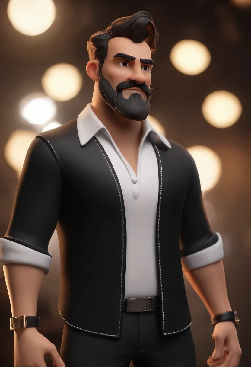 personagem dos desenhos animados de um homem barba preta e uma camisa preta escrita cmc em Branco, animation character, Caractere estilizado, animation style rendering, 3D estilizado, 3 d render stylized, toon render keyshot, Personagem 3D, Personagem 3D, 3d rendering stylized, 3 d character render, personagem de desenho animado, Personagem de close up, Pose de personagem, (Estilo Pixar) (master part:1.2) (Bokeh) (best quality) (pele detalhada) (textura detalhada) (8k) (argila) (Cinematic lighting) (foco nítido
