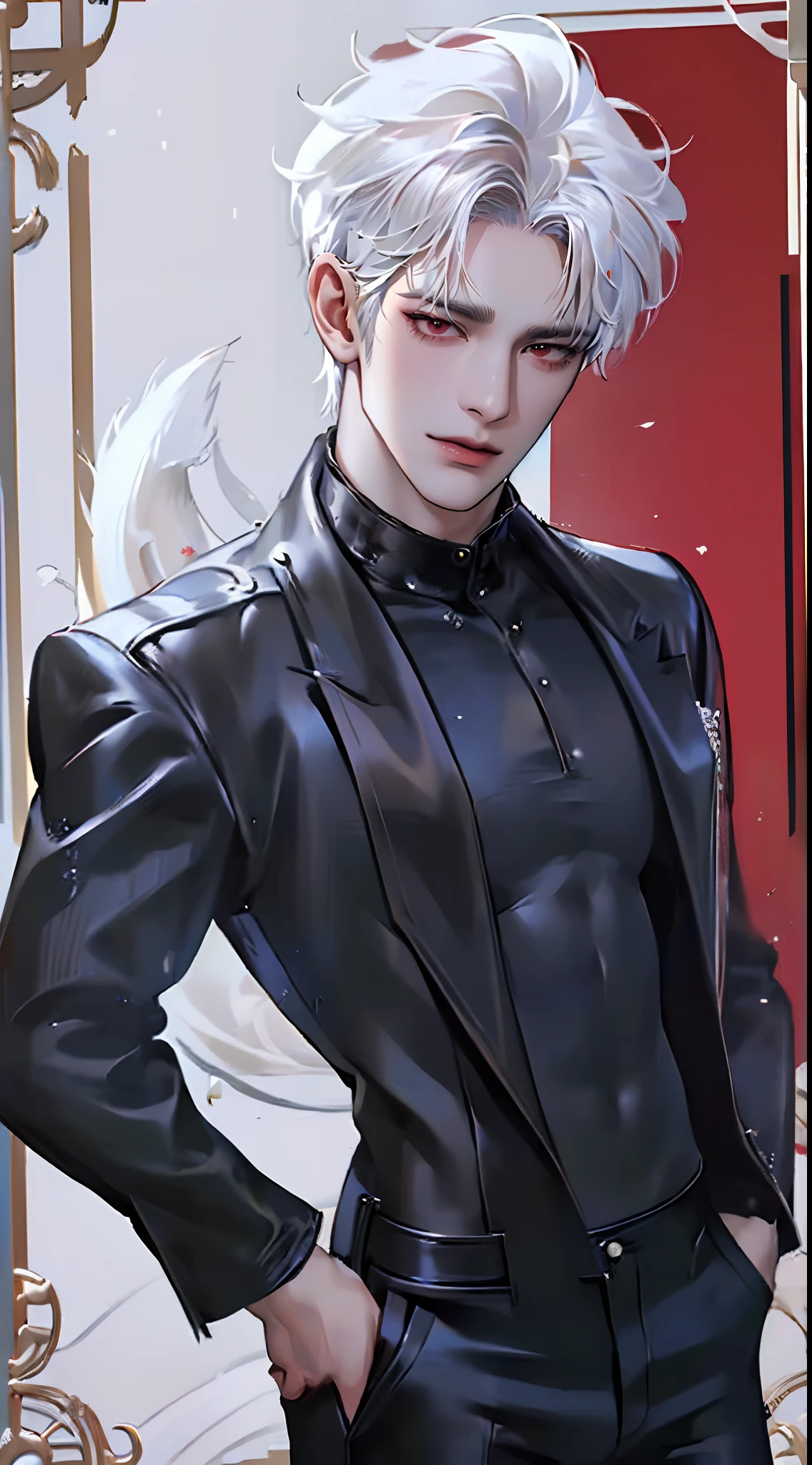 (4K works))、​masterpiece、(top-quality)、((In front of the department store))、Korean Male、Adult male、((Adult 50 years old))、((Adult uncle type))、((Leather Jeans Style))、((Face similar to Hyunjin))、Cool Men、tall、((Gentle face))、((Cool werewolf fashion in black))、((Long sleeve long trouser style))、((Smaller face))、Slim body、((Uncle))、((white  hair))、((white short-haired))、((Red Eyes))、((shot from front))、((Shot alone))、((Solo Photography))、Professional Photos、((Reach out to your audience))、((He walks in front of the viewer))、((dad bod))、