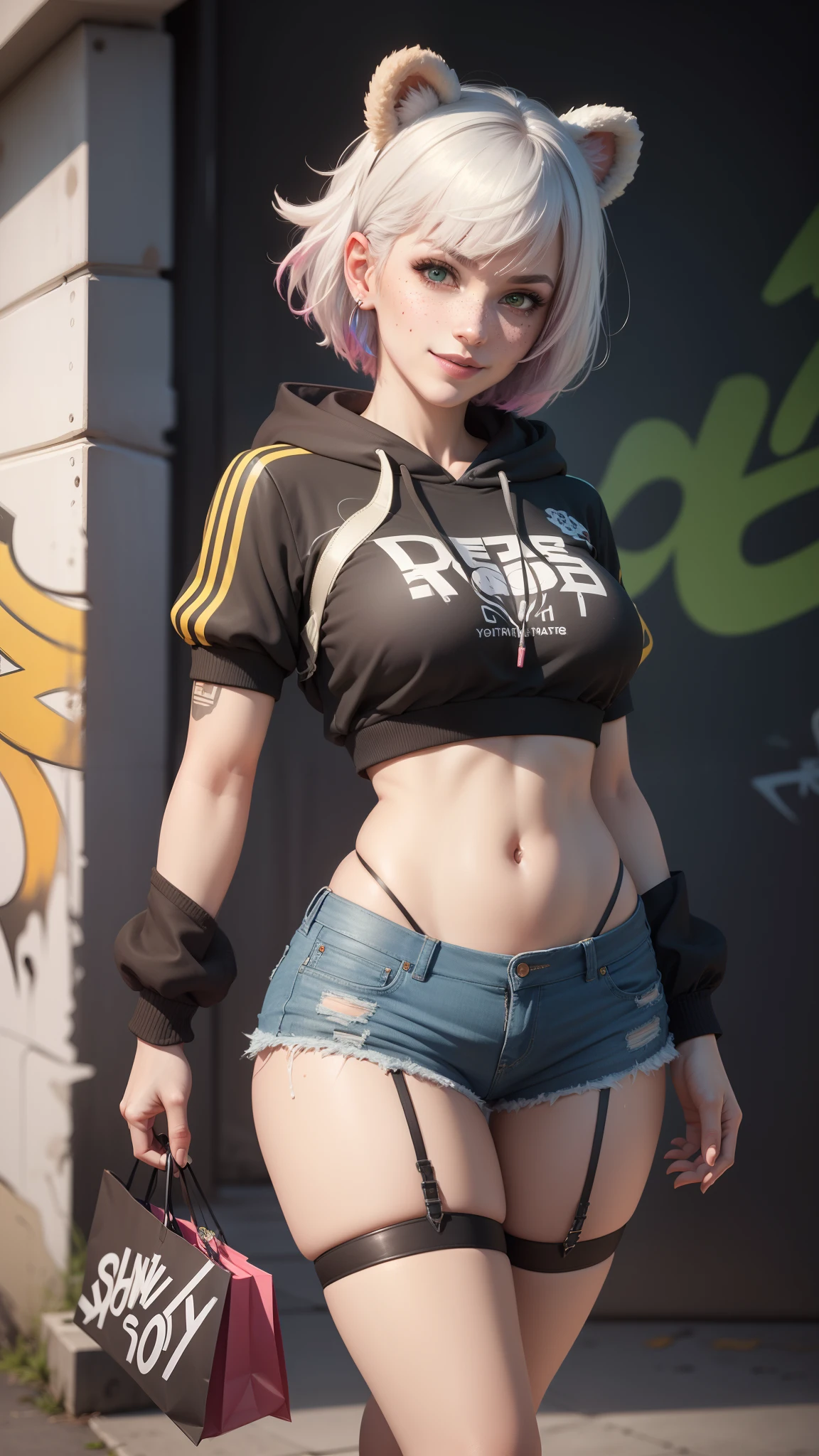 gwen tennyson,tracer,yorha 2b,y'shtola rhul,overwatch,nier automata,mecha pilot,shopping center,tattoos,orange and pink plugsuit,white short sleeve top,denim micro shorts,fishnet garter belt, uncovered belly,short hair,cute makeup,green eyes,multicolored silver hair,sexy smile,freckles,beautiful girl,large breasts,8k,ultra detailed, realistic,fantasy art,skater uniform,ear piercings,cyberpunk suit,saiyan girl, saiyan female,white short sleeve sport hoodie,bear ear beanie,graffiti wall art,walking,small purse,