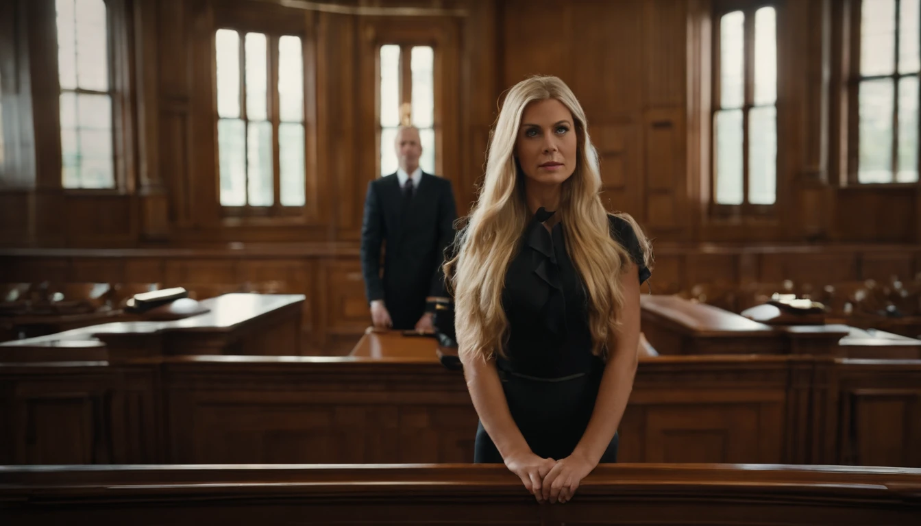 Describe a blonde judge with long hair in a courtroom using detailed language. Include information about physical appearance, como cabelo, Eyes and facial expression, as well as the typical attire of a judge. Emphasize traits that highlight your authority and impartiality in the courtroom.