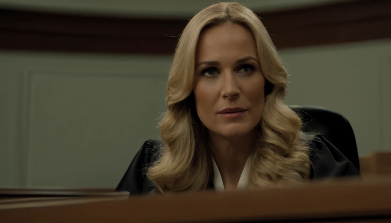 Describe a blonde judge with long hair in a courtroom using detailed language. Include information about physical appearance, como cabelo, Eyes and facial expression, as well as the typical attire of a judge. Emphasize traits that highlight your authority and impartiality in the courtroom.