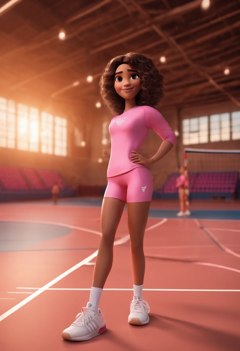 Capa de filme pixar, com cabelos pretos e mechas loiras, olhos castanhos. Dressed in leggings and pink adidas blouse, Holding a volleyball in a volleyball court backdrop in the background.