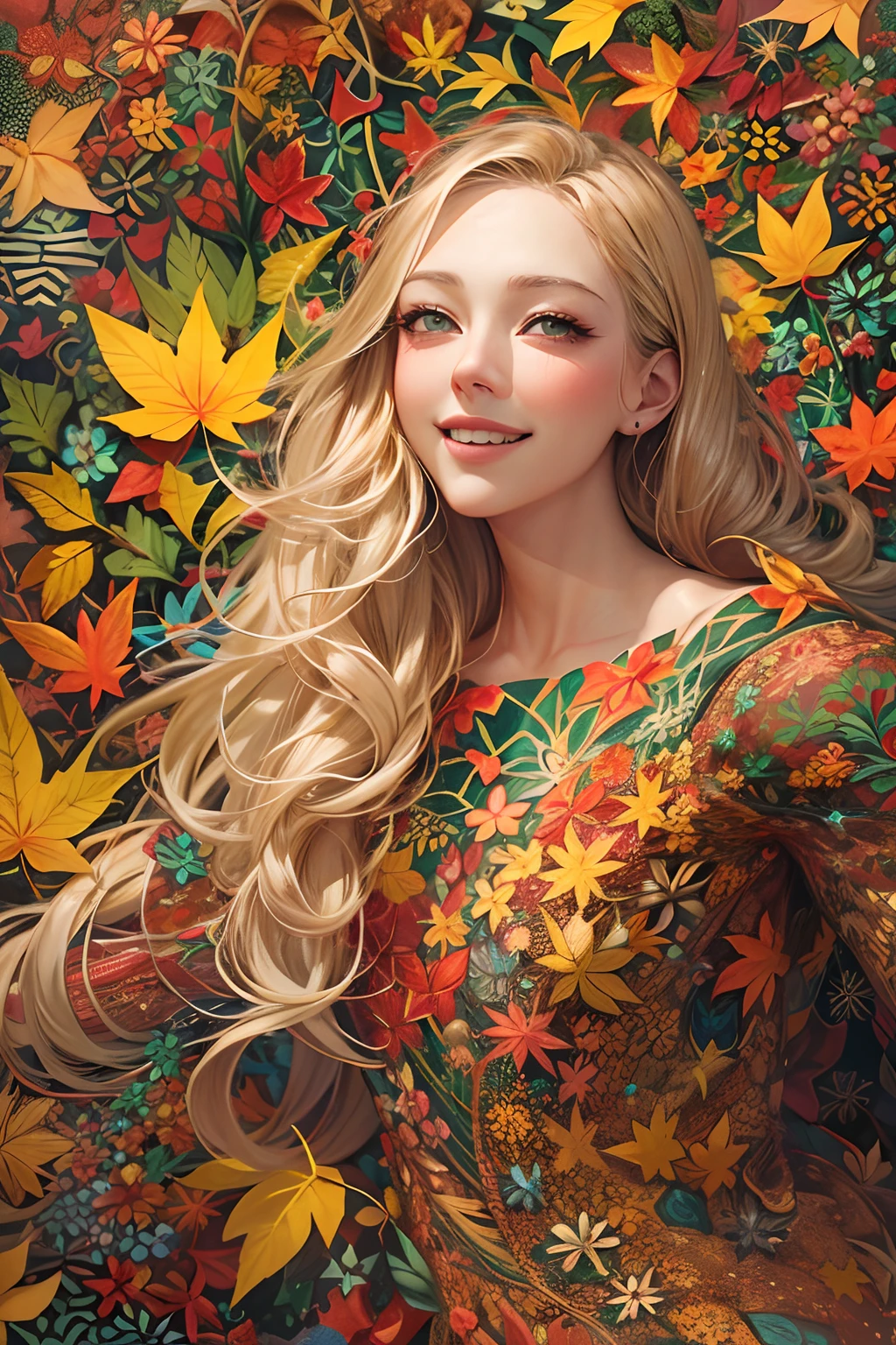 blonde happy smiling similar to Amanda Seyfried, full body, Produce an image that seamlessly blends the girl's vibrant personality with the natural beauty of leaves and the complexity of fractal art. As she dances through a kaleidoscope of colors and patterns, the leaves respond, mirroring her movements with mesmerizing fractal designs, resulting in a surreal and enchanting spectacle