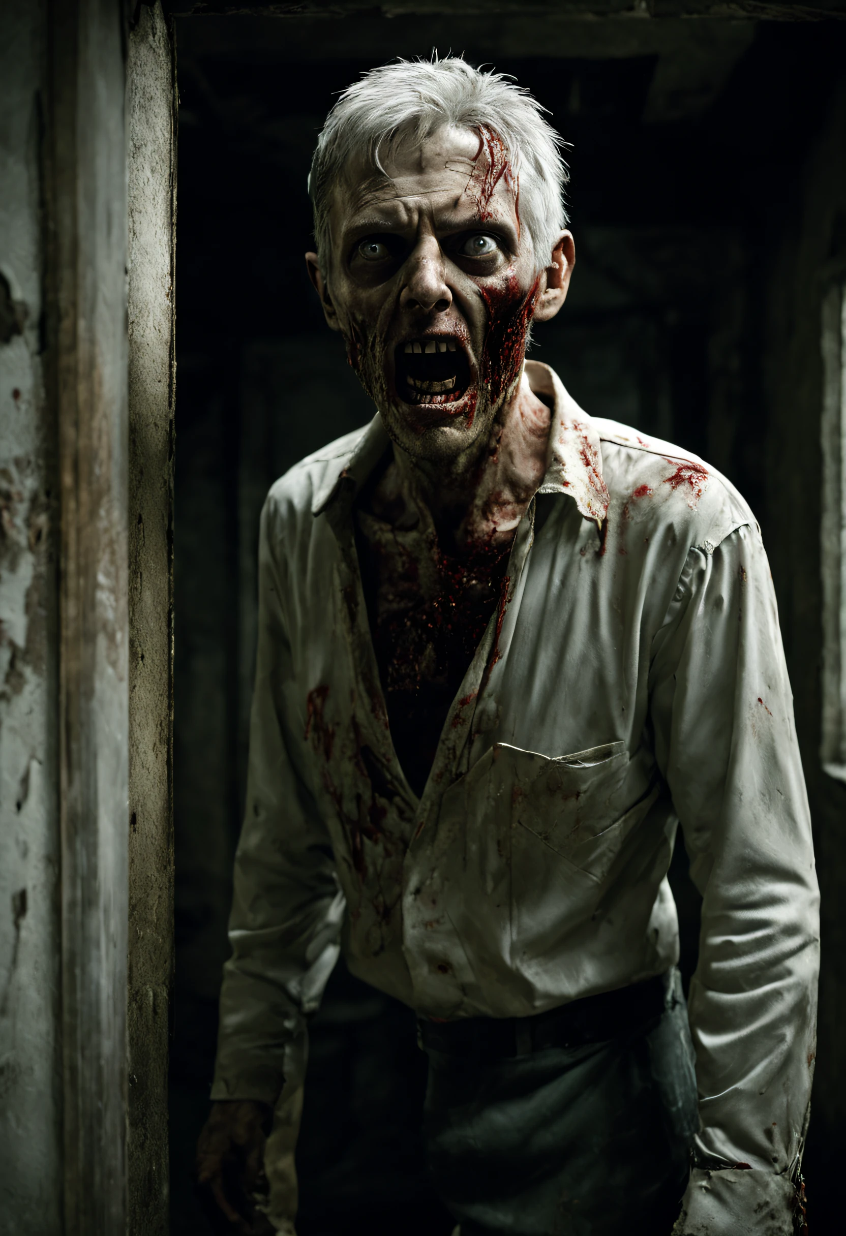 A 3D Horror Movie style of a white man with short, gray hair standing in a dark, abandoned building. The man's face is well-detailed, with flesh that is rotting and peeling away. The man's eyes are white and staring, and his mouth is open in a silent scream. The man's torso is deformed, with deep wounds in the skin. The image is from a horror movie, and the man is a zombie, a reanimated corpse that is driven by hunger and violence. The man is standing in a dark, abandoned building, suggesting that he is looking for prey