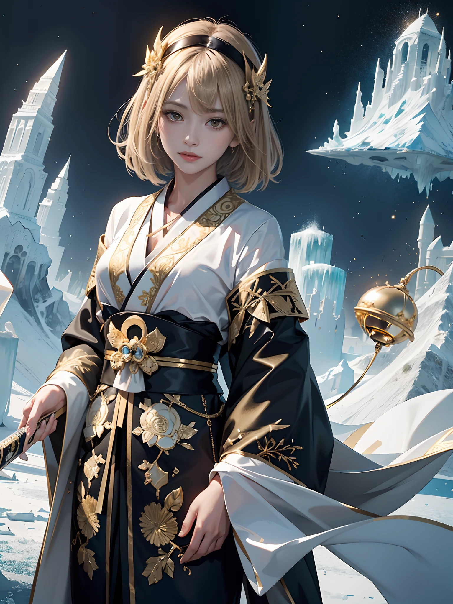 Background of details(Frozen City),BREAK ,elaborate costume(Luxury kimono(Black kimono(detailed embroidery(blanche,golds)))),BREAK,(1 Beautiful and classy adult woman(Shy smile:1.2)(Japanese actressl:1.2)(A dark-haired(short-hair:1.2))),(eye glass:1.2),(Coming out of the ice circle:1.5,(Sword(Covered in ice:1.5))),BREAK,Wallpapers 16K,Blur the background,)(masutepiece,Best Quality,Portrait photos):1.5),full body Esbian