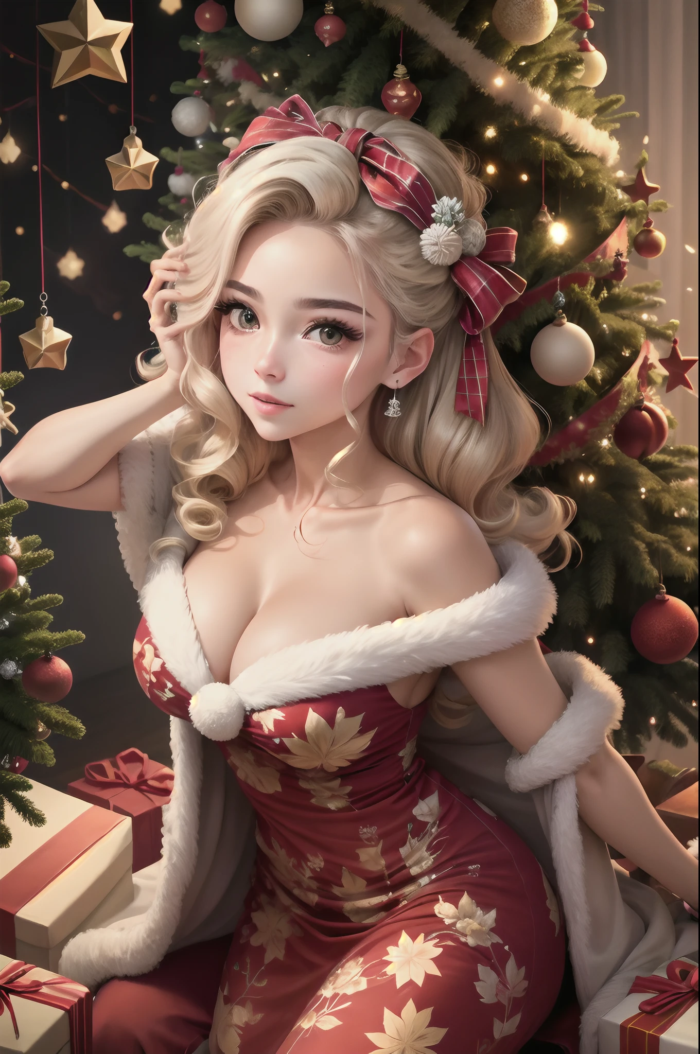 Mulher cabelo  curto  olhos castanhos, decorando  arvore de natal