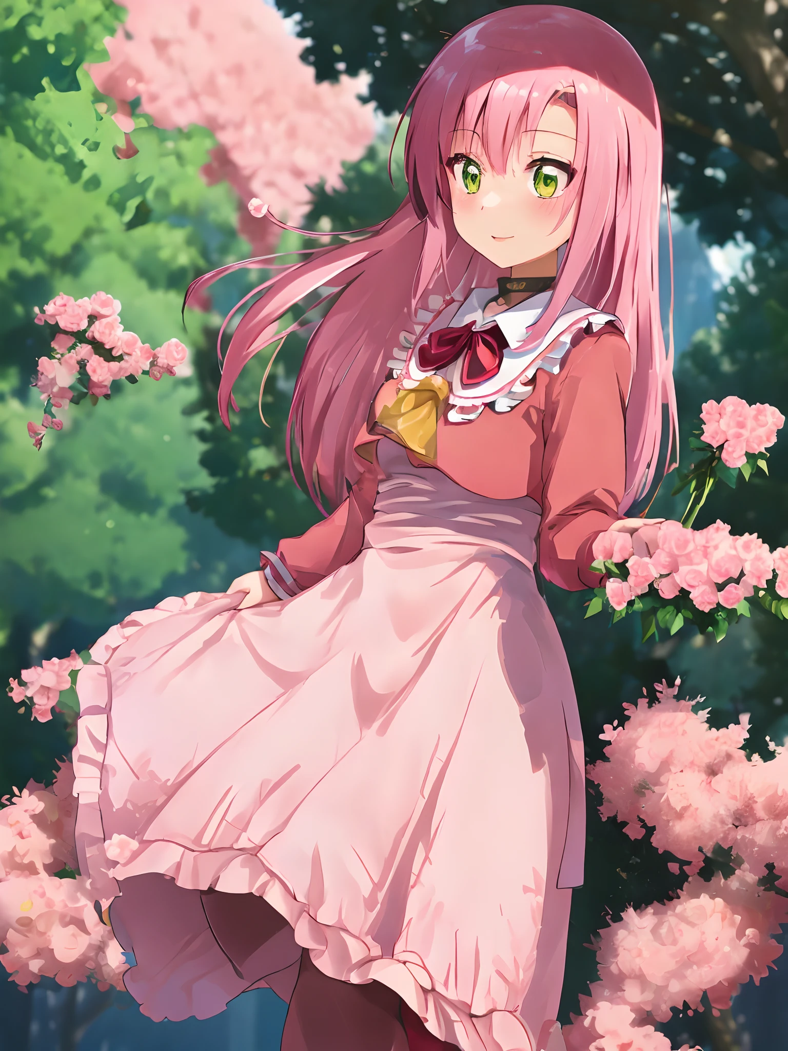 (realisticlying,Painting_Style,)A MILF, 1girl in, 独奏, amelia watson, Virtual Youtuber,A pink-haired, Green eyes, a choker, florals, length hair, realisticeyes, tilt of the head, Self-righteous, up looking_で_viewer, Skysky, mont, plein air, ​​clouds, bangss, The upper part of the body, pink flowers, 鎖骨, Orange shirt, cparted lips, s lips, Lace trim, A smile, Black Choker, Mountain Horizon, cloudy ash sky, is standing, Holding_Flowers