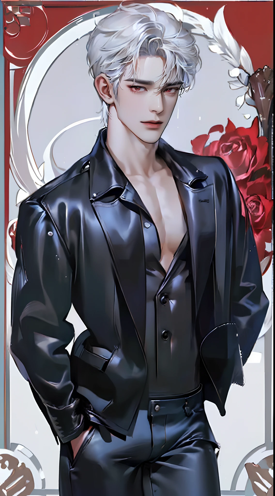 (4K works))、​masterpiece、(top-quality)、((In front of the department store))、Korean Male、Adult male、((Adult 50 years old))、((Adult uncle type))、((Leather Jeans Style))、((Face similar to Hyunjin))、Cool Men、tall、((Gentle face))、((Cool werewolf fashion in black))、((Long sleeve long trouser style))、((Smaller face))、Slim body、((Uncle))、((white  hair))、((white short-haired))、((Red Eyes))、((shot from front))、((Shot alone))、((Solo Photography))、Professional Photos、((Reach out to your audience))、((He walks in front of the viewer))、((dad bod))、