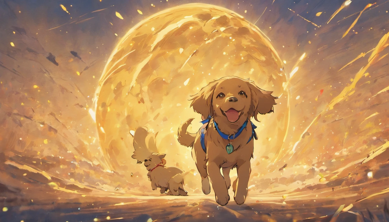 AIBO, um Golden Retriever, com coleira azul, escrito AIBO, on an adventure together with your friendly owl in search of the tennis ball, desenho, livro infantil