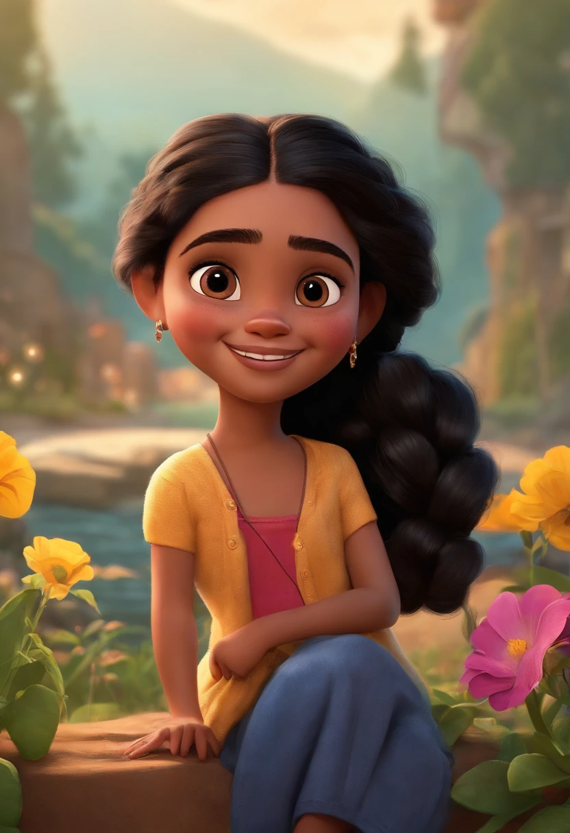 Uma imagem de uma menina estilo desenho da pixar, ela tem quatro anos, She wears two braids in her black hair and has a beautiful smile and big eyes