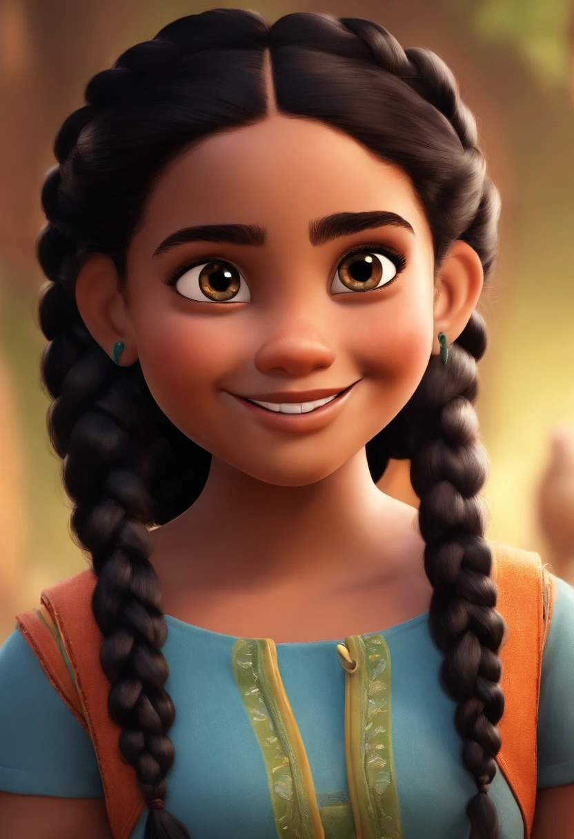 Uma imagem de uma menina estilo desenho da pixar, ela tem quatro anos, She wears two braids in her black hair and has a beautiful smile and big eyes