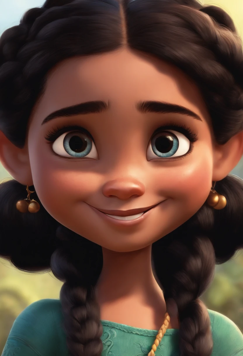 Uma imagem de uma estilo desenho da pixar, ela tem quatro anos, She wears two braids in her black hair and has a beautiful smile and big eyes