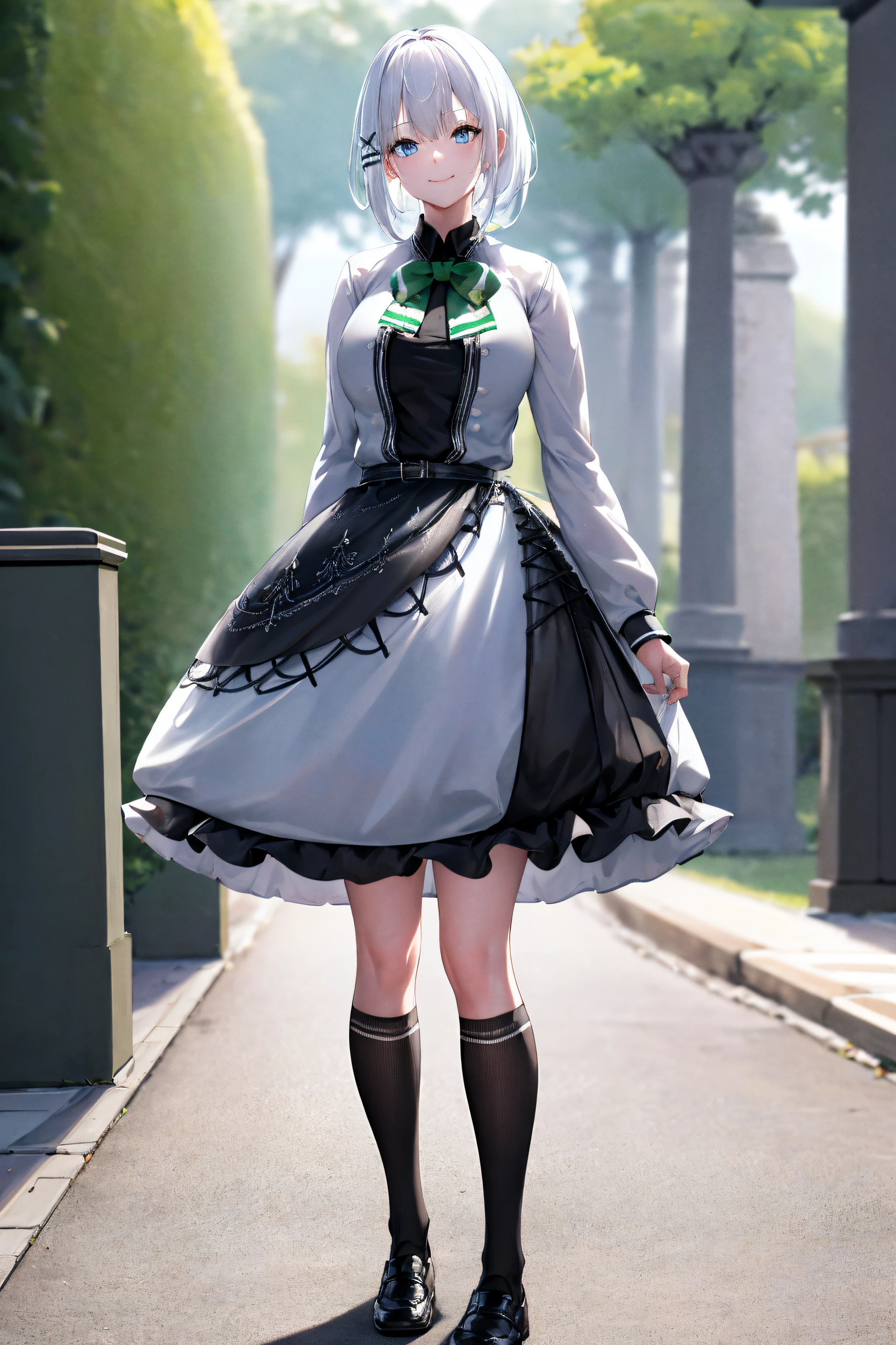 masterpiece, best quality, highres, 1girl white hair blue eyes x hair ornament,wearing black footwear, kneehighs, green skirt, black socks, loafers, green bow, sweater vest, green ribbon, standing, leaning forward, arms behind back, smile, simple background,NSFW,official art,extremely detailed CG unity 8k wallpaper, perfect lighting, (masterpiece:1.0),(best_quality:1.0), ultra high res,4K,ultra-detailed, photography, 8K, HDR, highres, absurdres:1.2, Kodak portra 400, film grain, blurry background, bokeh:1.2, lens flare, (vibrant_color:1.2),(beautiful_face:1.5),(narrow_waist),(perfect hands, perfect anatomy),