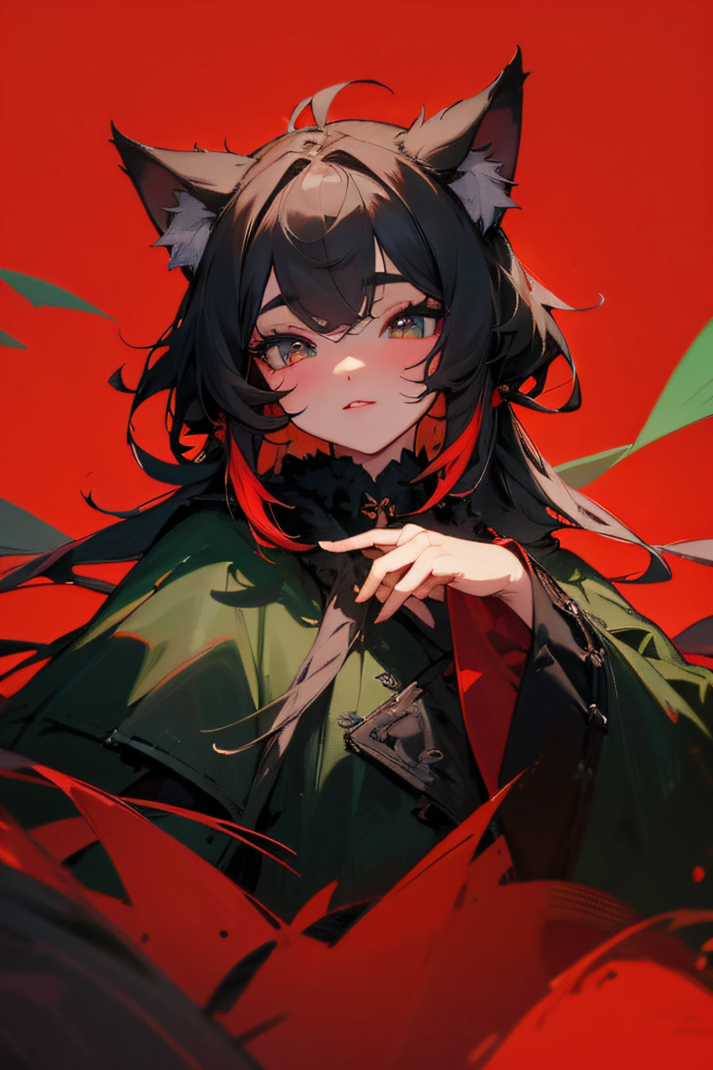 (hight resolution,Masterpiece:1.2),Vivid colors,beautiful detail eyes,beautiful detailed lips,long eyelashes,black coat,fluffy fur,cute expression,Feline Grace,Let's move on to the camera,on a red background,Greenery and plants on stage