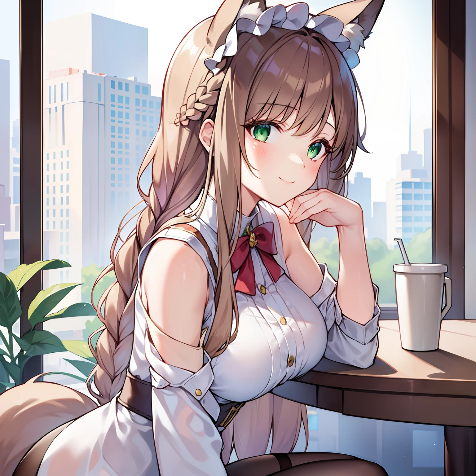 Masterpiece, Best quality, high resolution, 1girll, Solo, Oversized fox tail，Green eyes，(Long brown hair_Sideways French braided hair)，Small flower headdress, (27years old，Big breasts wife)_Mature female figure_F Cup，Modern architecture，in a private office，Drinking coffee，Wearing OL uniforms_Black stockings，Close-up of upper body，ssmile，watch from the side，