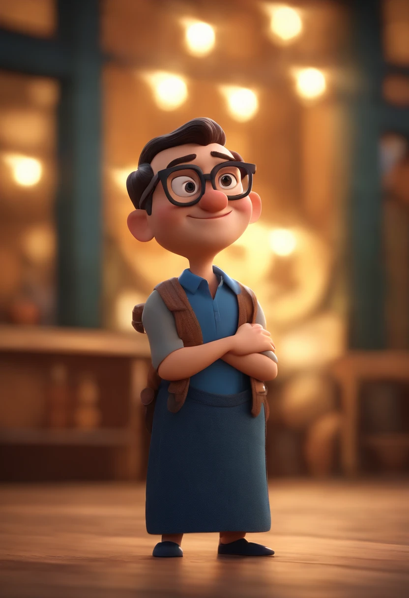 Cartoon character of a man wearing black glasses and a blue shirt, um personagem animado, Caractere estilizado, animation style rendering, 3D estilizado, Arnold Maya render, 3 d render stylized, toon render keyshot, Personagem 3D, Personagem 3D, 3d rendering stylized, 3 d character render, personagem de desenho animado, Personagem de close up, Pose de personagem, (Estilo Pixar) (master part:1.2) (Bokeh) (best quality) (pele detalhada) (textura detalhada) (8k) (argila) (Cinematic lighting) (foco nítido,Senta e vaza a parte superior do corpo