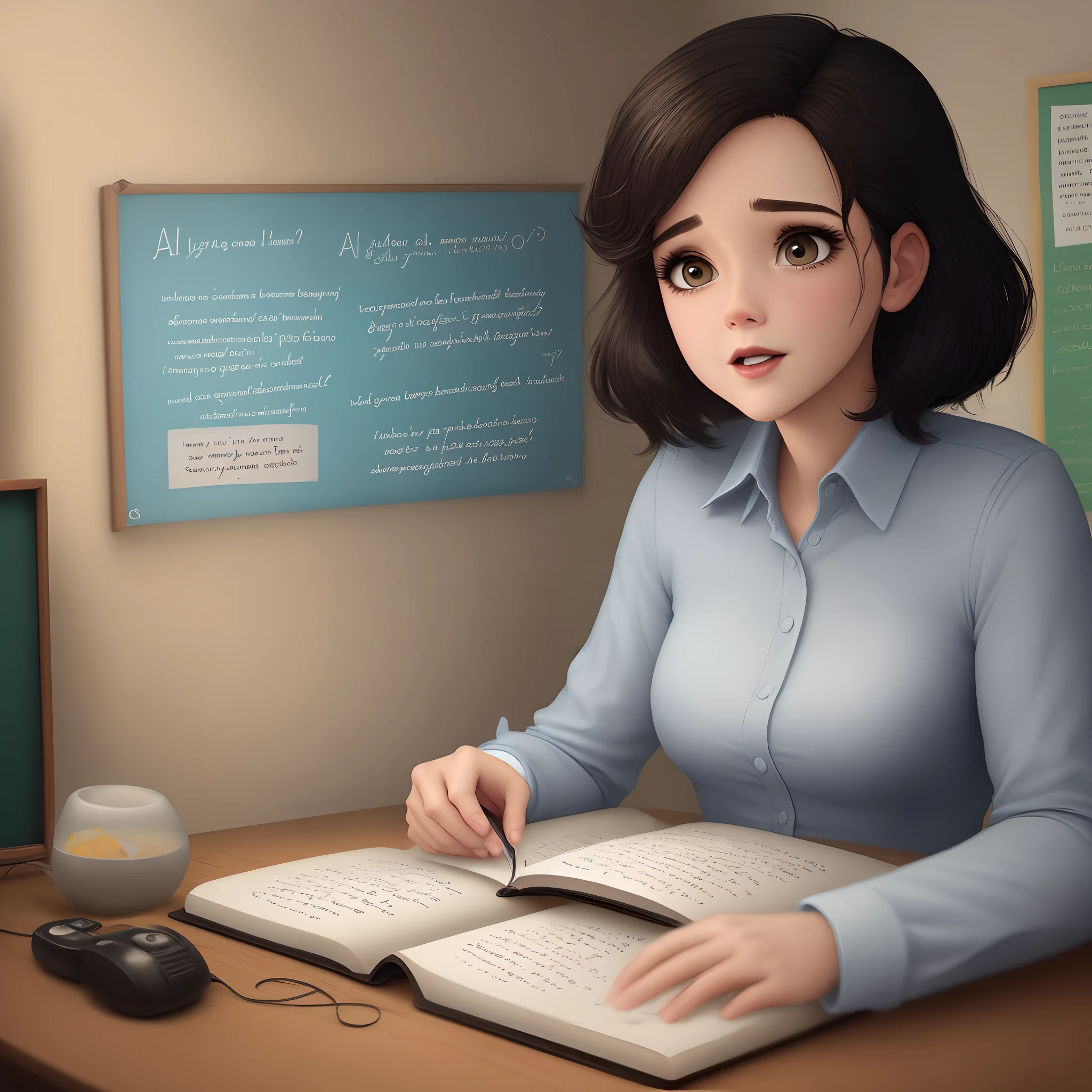 Crie uma imagem estilo pixar psicopedagoga, professora de jaleco, envolvendo letras do alfabeto, cabelo castanho escuro, medium