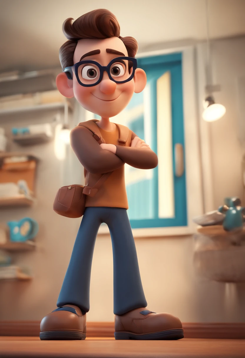 Cartoon character of a man with black glasses and a blue shirt, animation character, Caractere estilizado, animation style rendering, 3D estilizado, Arnold Maya render, 3 d render stylized, toon render keyshot, Personagem 3D, Personagem 3D, 3d rendering stylized, 3 d character render, personagem de desenho animado, Personagem de close up, Pose de personagem,  (Estilo Pixar) (master part:1.2) (Bokeh) (best quality) (pele detalhada) (textura detalhada) (8k) (argila) (Cinematic lighting) (foco nítido