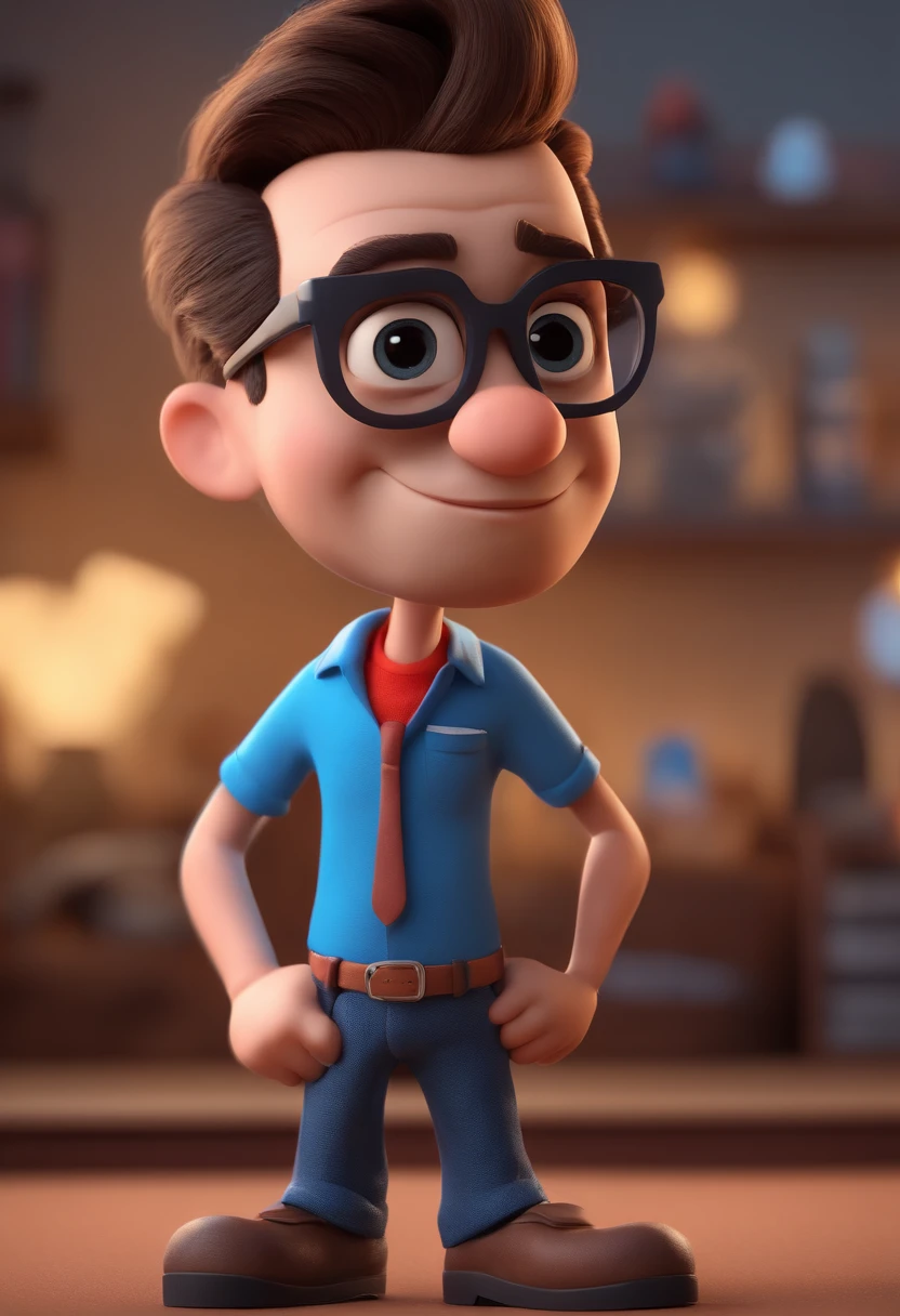 Cartoon character of a man with black glasses and a blue shirt, animation character, Caractere estilizado, animation style rendering, 3D estilizado, Arnold Maya render, 3 d render stylized, toon render keyshot, Personagem 3D, Personagem 3D, 3d rendering stylized, 3 d character render, personagem de desenho animado, Personagem de close up, Pose de personagem, (Estilo Pixar) (master part:1.2) (Bokeh) (best quality) (pele detalhada) (textura detalhada) (8k) (argila) (Cinematic lighting) (foco nítido