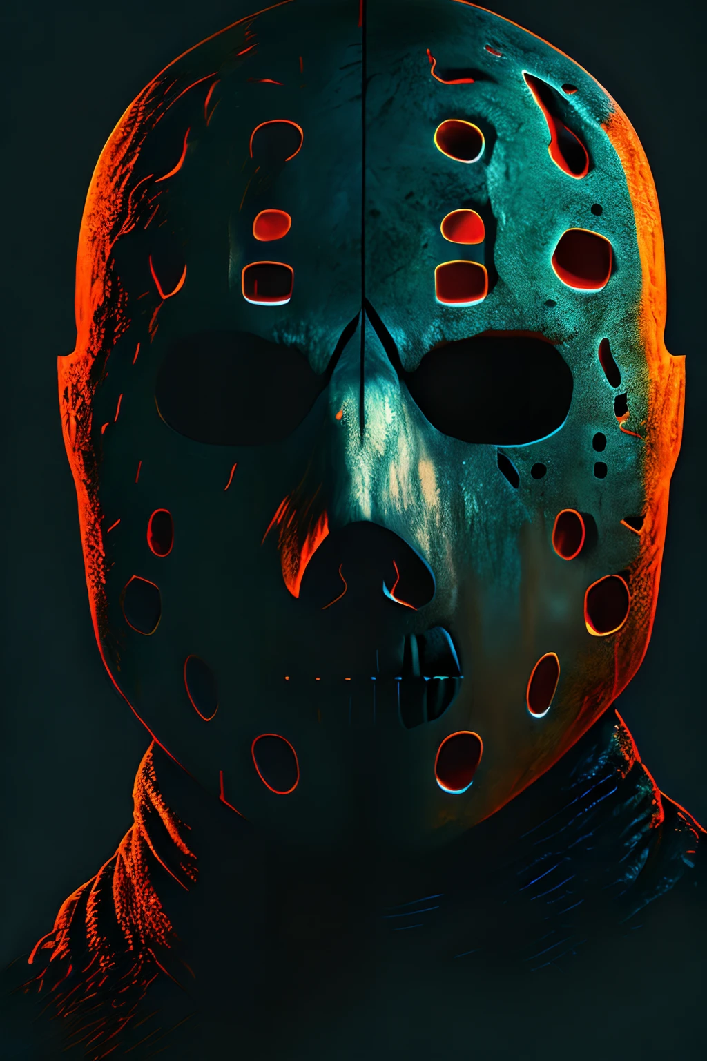 Jason voorhees, Dark Horror Futurism, Cinematic, Fine Detail, 8k, (Dark Shot: 0.7), Christopher reeves face, (Luz Ambiente: 1.3), (ArtStation: 1.3)