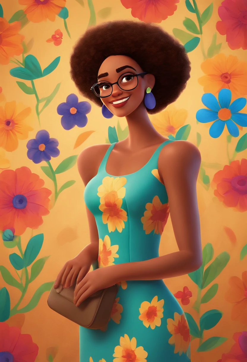 Create a Pixar-style poster titled 'The Tobias' She's a brunette, cabelos cacheados na altura dos ombros, sorridente, usando um vestido, And he's a media mulatto , wearing glasses and suit, smiling against a floral backdrop with vibrant Disney Pixar colors and textures with a couple. arte digital deve evocar o estilo da Pixar, Reminiscent of animated features. Focus on character expressions, cores vibrantes, e texturas altamente detalhadas