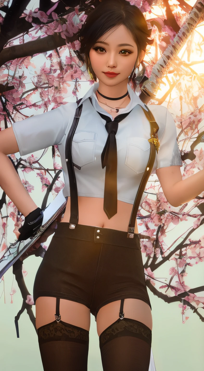 there is a woman in a cropped shirt and hotpants standing under a tree, glamorous outfit, full body close-up shot, big breast, black tie, white shirt, black glove, wearing black stocking, sakura tree, sparkling eyes, black eye, black hair, short hair, katana on back, white katana, gold sherif badge on right, best quality, thicc thigh, afternoon, pose, smile.