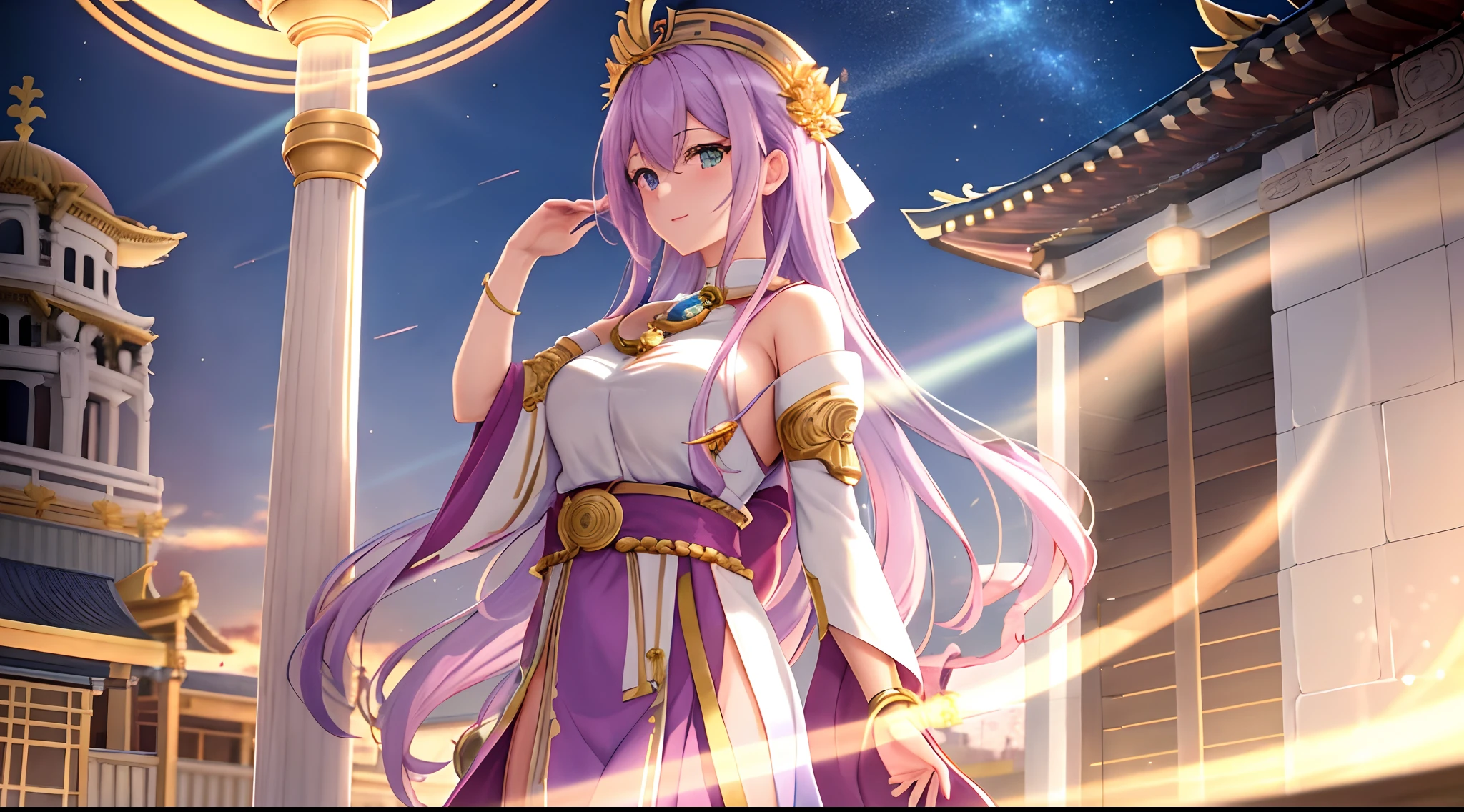 Athena with plain long light purple hair,hair between eyes,green eyes,rosy cheeks,full lips,thin eyebrows,slender body,wearing golden goddess robe and full long skirt,praying beads on neck,cute anime girl,full body,athens temple bathhouse in background,anime style,Lumen Reflections,Screen Space Reflections,Diffraction Grading,Chromatic Aberration,GB Displacement,Scan Lines,Ray Traced,Anti-Aliasing,FXAA,TXAA,RTX,SSAO,Shaders,OpenGL-Shaders, GLSL-Shaders,Post Processing,Post-Production,cell Shading,Tone Mapping,CGI,VFX,SFX,insanely detailed and intricate, 4K,standing, solo, masterpiece, best quality, detailed face, detailed eyes, highres, standing, solo,masterpiece, best quality