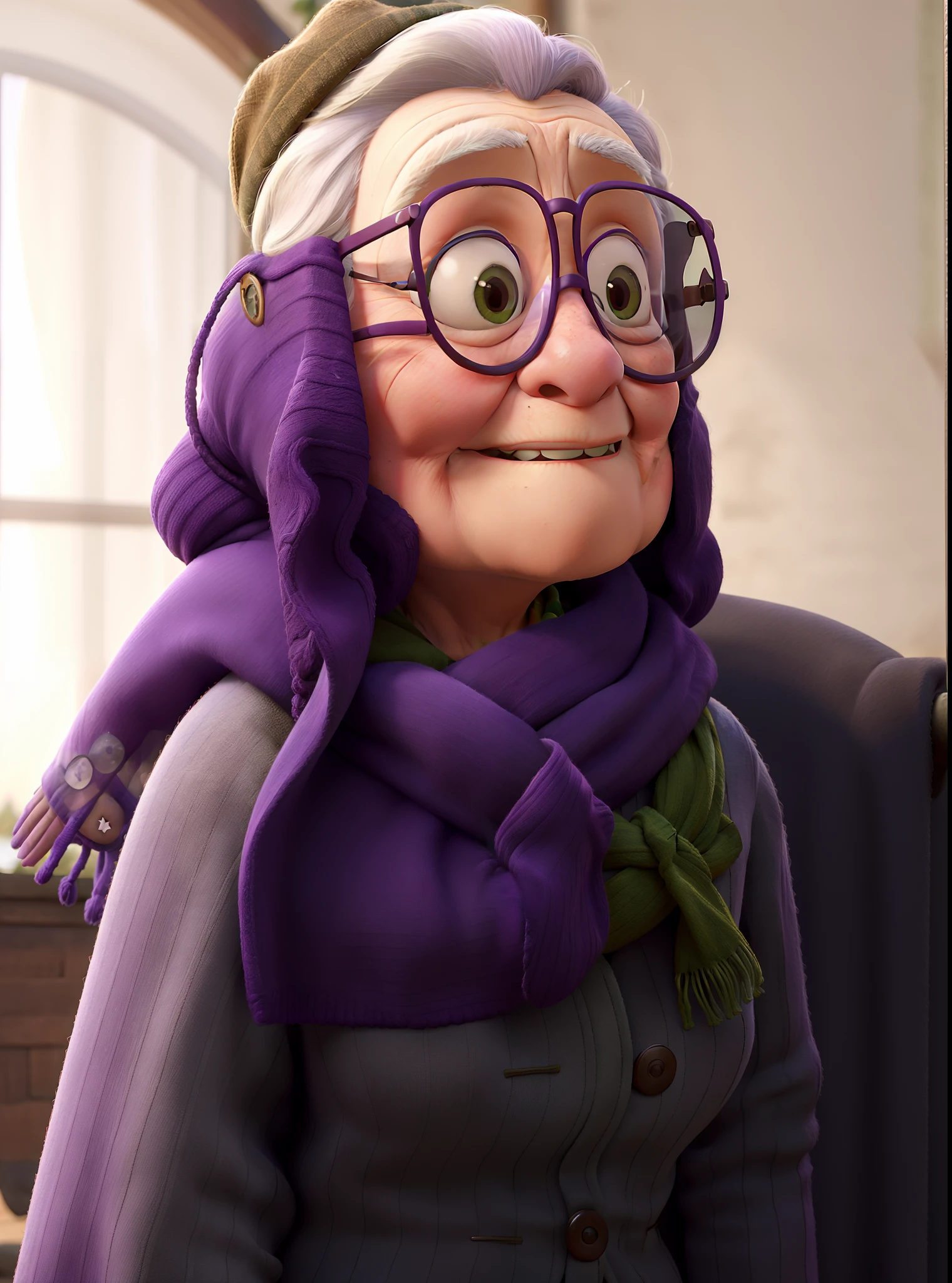 masterpiece, best quality, an old woman with glasses and a scarf on, wearing a purple coat and green scarf, standing at the park