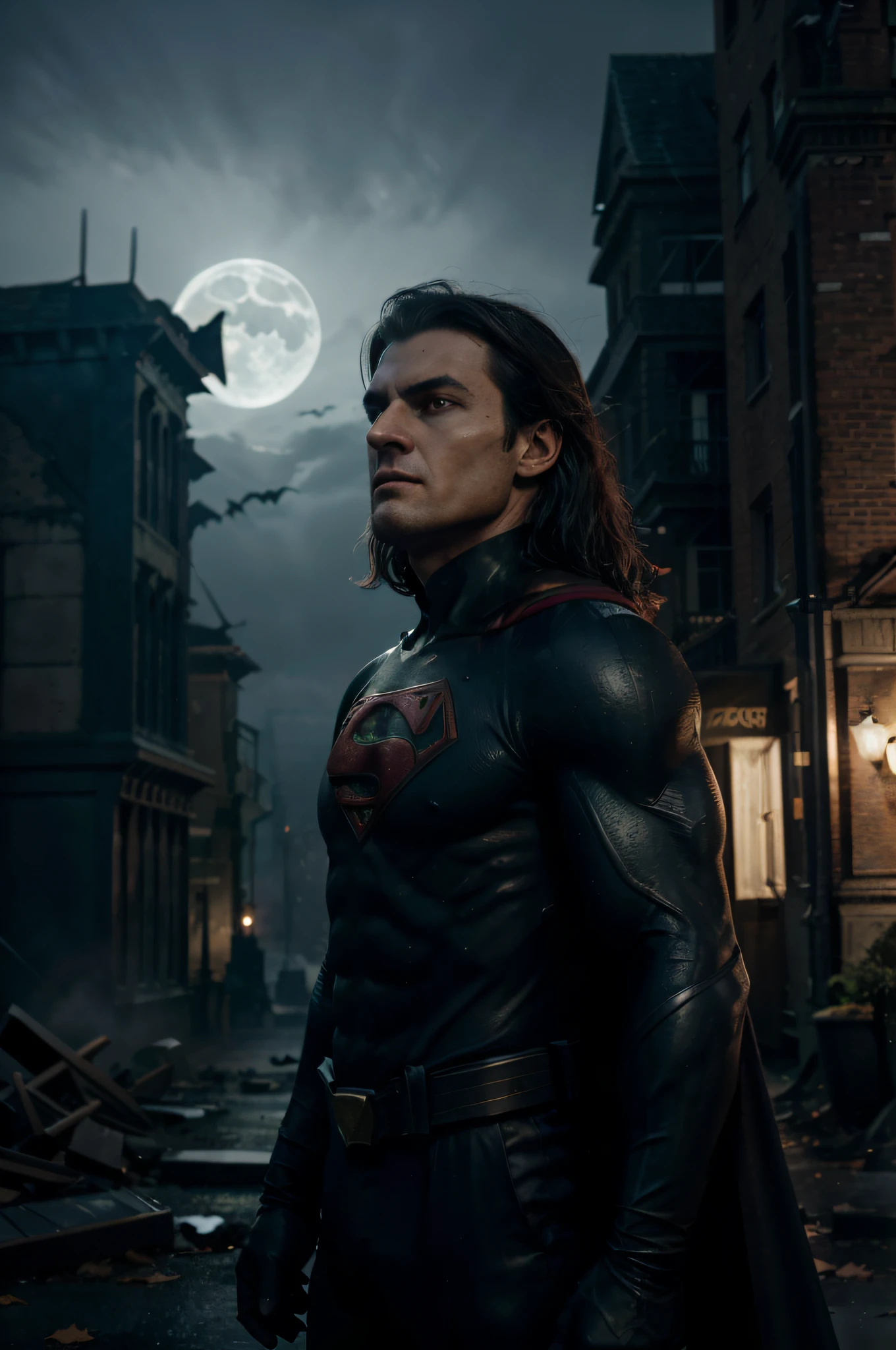 (best quality,4k,8k,highres,masterpiece:1.2),ultra-detailed,(realistic,photorealistic,photo-realistic:1.37),Batman and Superman cooperating,guarding Gotham City on Halloween night,"menacing and atmospheric","bat-infested skies","foggy and dimly lit","dark and gothic","eerie surroundings","ominous shadows","full moon","hauntingly beautiful cityscape:1.1","haunting moonlit silhouette:1.1",supernatural threat haunting the city streets,"mystical villains:1.1","ghostly apparitions","villainous spirits:1.1","sinister creatures:1.1","writhing tentacles:1.1","ghastly ghouls:1.1","haunted objects","paranormal chaos","malevolent presence",intense action scene, Batman and Superman unleashing their superpowers to fight against the supernatural, "dynamic and impactful heroes:1.1","powerful energy blasts:1.1","thunderous clashes","airborne acrobatics:1.1","superhuman strength:1.1",detailed rendering of Batman and Superman's iconic costumes,"bat-symbol reflecting moonlight","S-shaped crest shining in the darkness",grim expressions showing determination and courage,"rippling capes:1.1","sculpted muscles and bulging veins","glistening sweat",Gotham City's haunted architecture,"gothic buildings:1.1","spooky mansions","crooked alleys","forgotten graveyards","weathered gargoyles","crumbling statues","broken windows","desolate streets",Halloween-themed elements enhancing the atmosphere,"pumpkin lanterns","Jack-o'-lanterns:winking:1.1:grinning:1.1","fallen leaves rustling in the wind","spooky fog:1.1","creepy mist","cackling bats","dancing shadows","black cats:prowling:1.1","haunting illusions:1.1","omens of darkness",incorporation of Superman's superhuman abilities into the scene,"heat beam cutting through the night sky:1.1","powerful shockwaves:1.1","flying debris","explosive impact","invincible force",captivating color scheme with deep blues, grays, and striking highlights,"ethereal blue moonlight","rich shadows:1.1","intense contrasts","piercing red eyes","heroic red and yellow accen