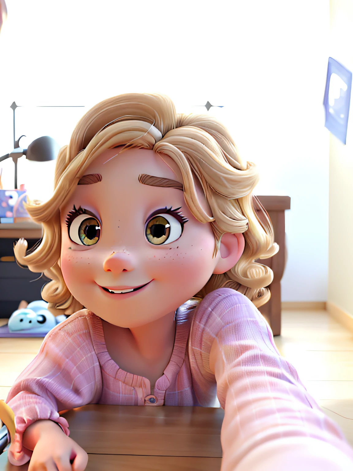 disney pixar 3D drawing girl child
 short curly blonde hair Sweet brown eyes