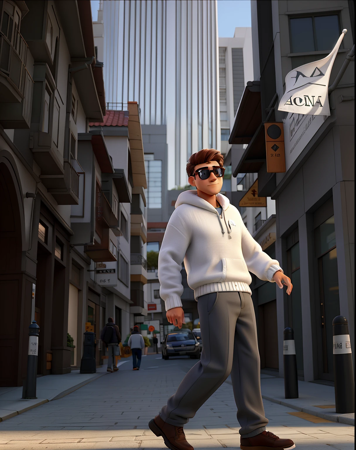 homem com oculos de sol, White sweater and pants walking down the street, Do it with maximum detail.