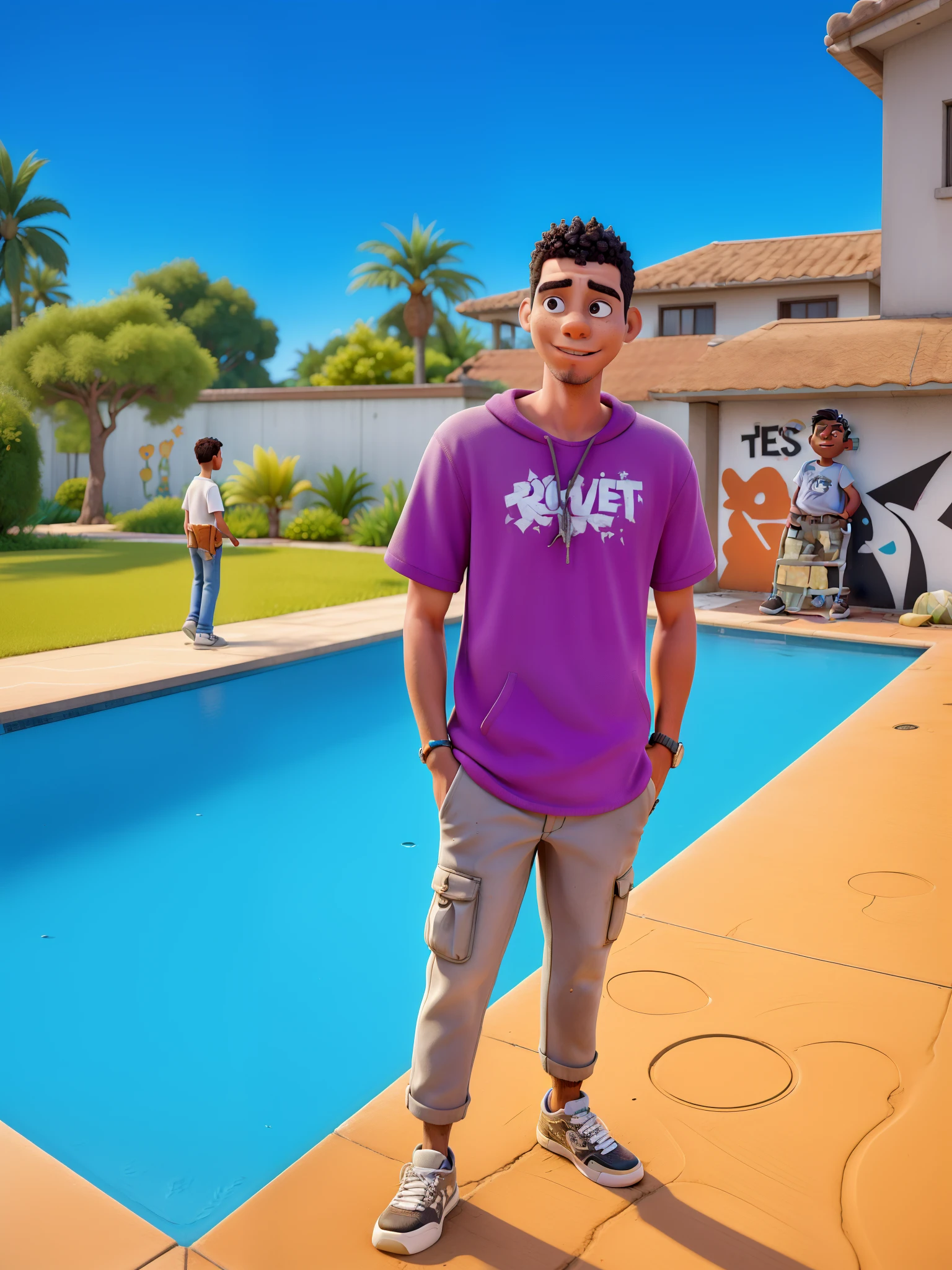 obra-prima, melhor qualidade, 1boy, Walking on the sidewalk, homem hip hop, loose pants, retro, suburbano, suburb, 1990, cabelo afro curto com corte degrade, ao ar livre, Relaxed, puddles, dreno, rebelde, arrastado, ((graffiti)), ((lixo)), sujeira deitada, folhas, ((concreto quebrado)), cidade, symmetric eyes, Hands in pockets, nuvens, nublado, rosto detalhado, with a Bible in His hand