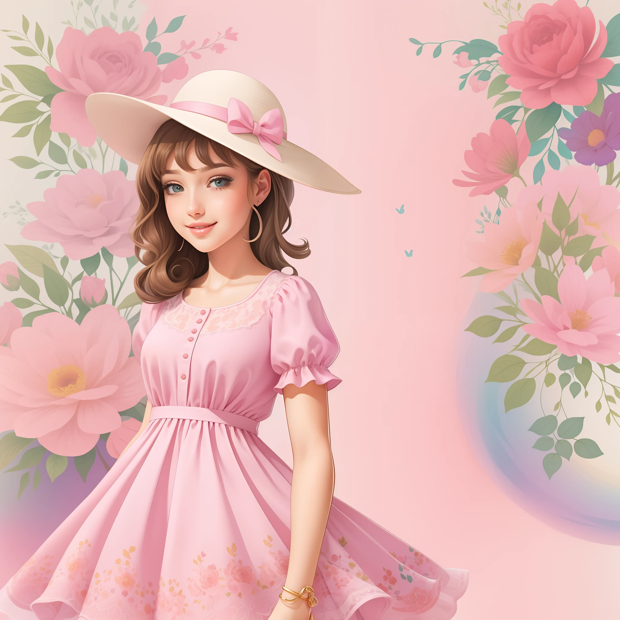 Cute Illustration Clipart (Cute full body girl in hat in sara kay style) em alegre, Light Pastels, estilo Sara Kay, aquarela e flores, pastel-hued,fundo branco, qualidade perfeita, Ultra resolution, imagem 300 dpi, 16k resolution