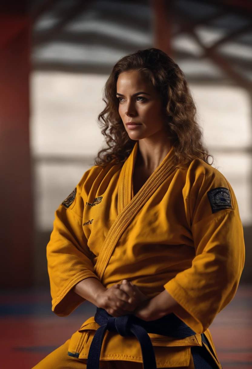 Mulher cabelos castanhos em frente a uma gigantesca montanha ao fundo, with arms crossed, woman in combat position, Quimono de jiu-jitsu, 8k, hyper realista, detalhado.