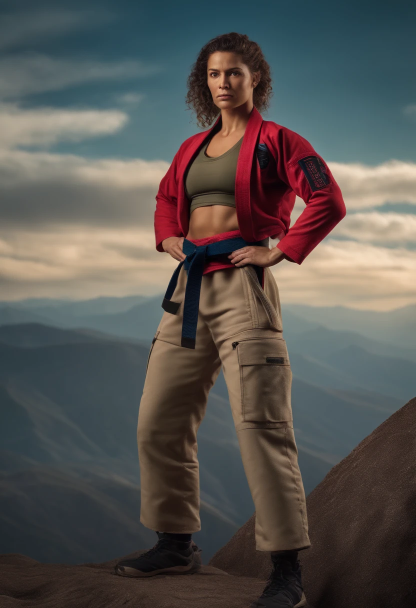 Mulher cabelos castanhos em frente a uma gigantesca montanha ao fundo, with arms crossed, woman in combat position, Quimono de jiu-jitsu, 8k, hyper realista, detalhado.