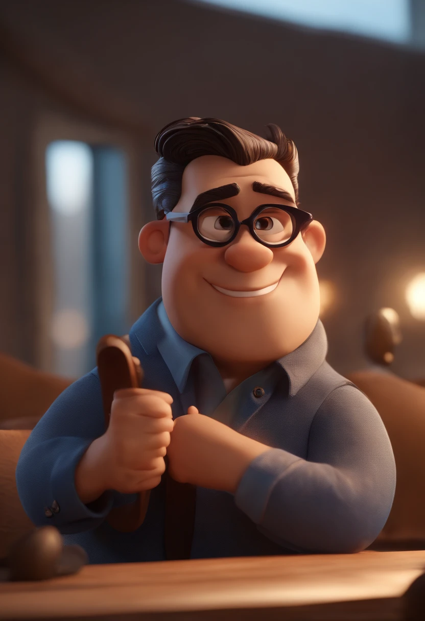 Cartoon character of a man with black glasses, cabelo cacheado marrom escuro e uma camisa azul, animation character, Caractere estilizado, animation style rendering, 3D estilizado, Arnold Maya render, 3 d render stylized, toon render keyshot, Personagem 3D, Personagem 3D, 3d rendering stylized, 3 d character render, personagem de desenho animado, Personagem de close up, Pose de personagem,  (Estilo Pixar) (master part:1.2) (Bokeh) (best quality) (pele detalhada) (textura detalhada) (8k) (argila) (Cinematic lighting) (foco nítido