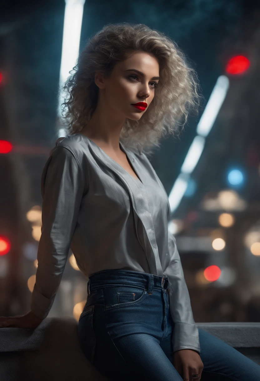 (science fiction fantasy), (master part), (professional oil painting) (best quality), (8K resolution), (1 menina bonita), ((pale gray skin)), (pele cinza ferro), ((roupas jeans)),(jaqueta vermelha)), ((camiseta preta por baixo), ((Red lipstick)), ((black sneakers)), (Acceptance art), peito pequeno, (cabelos longos), (messy hair), (cabelos brancos), (ferro cabelos grisalhos), ((com arma futurista)), (ammo), ((Luar da Noite)), (sentado pensando))
