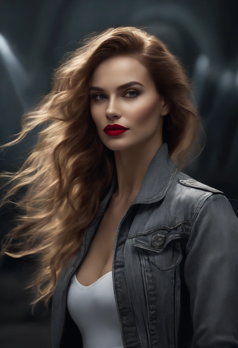 (science fiction fantasy), (master part), (professional oil painting) (best quality), (8K resolution), (1 menina bonita), ((pale gray skin)), (pele cinza ferro), ((roupas jeans)),(jaqueta vermelha)), ((camiseta preta por baixo), ((Red lipstick)), ((black sneakers)), (Acceptance art), peito pequeno, (cabelos longos), (messy hair), (cabelos brancos), (ferro cabelos grisalhos), ((com arma futurista)), (ammo), ((Luar da Noite)), (sentado pensando))