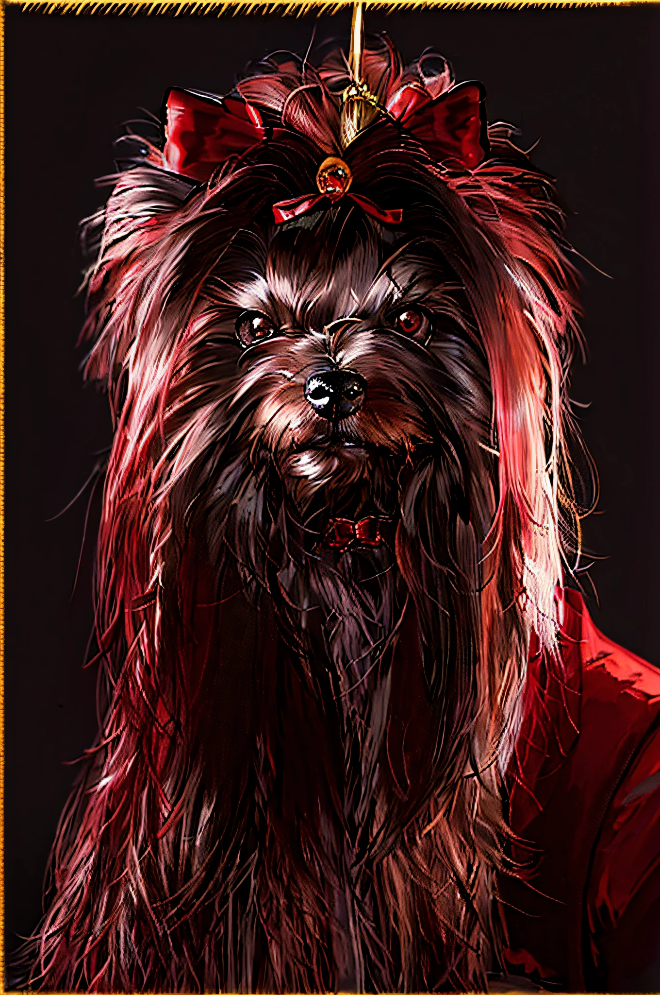 Dog with a red bow on his head, Yorkshire terrier, red bow in the hair, Award-winning pet photography, red bow in the hair, Well-groomed model, portrait of a dog, studio portrait, front portrait, front portrait, portrait shot, Full Feature, Formal portrait, Photograph of April, full head shot, Portrait of a