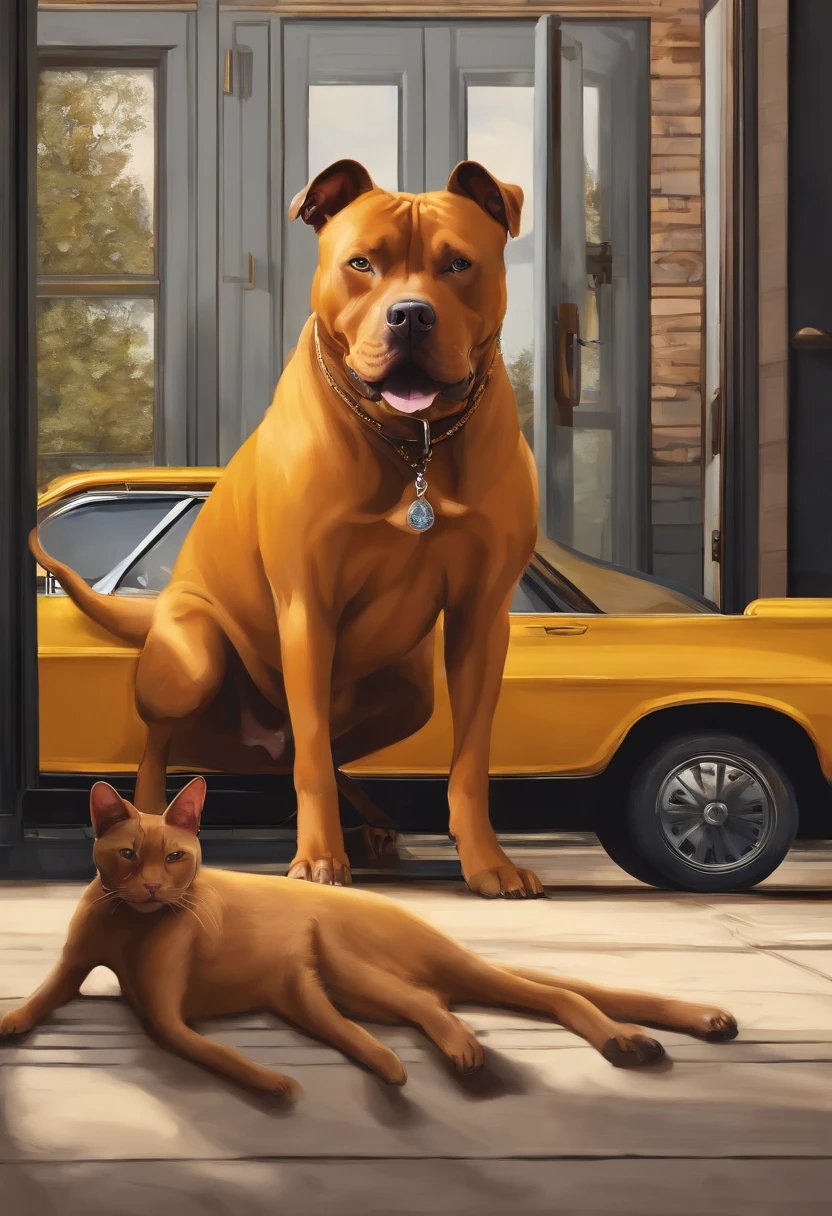 An image of a caramel pitbull dog, a black pub and a yellow cat, This image is inspired by a Pixar movie
