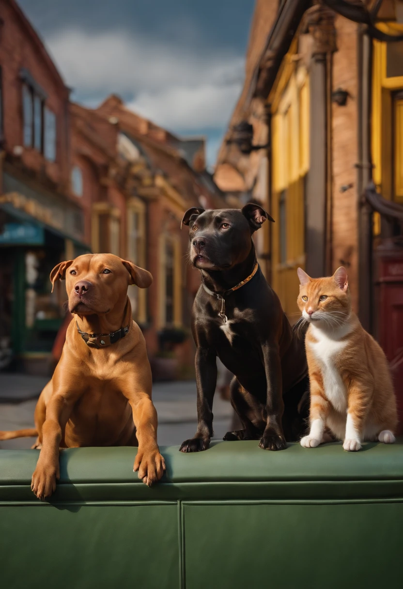 An image of a caramel pitbull dog, a black pub and a yellow cat, This image is inspired by a Pixar movie