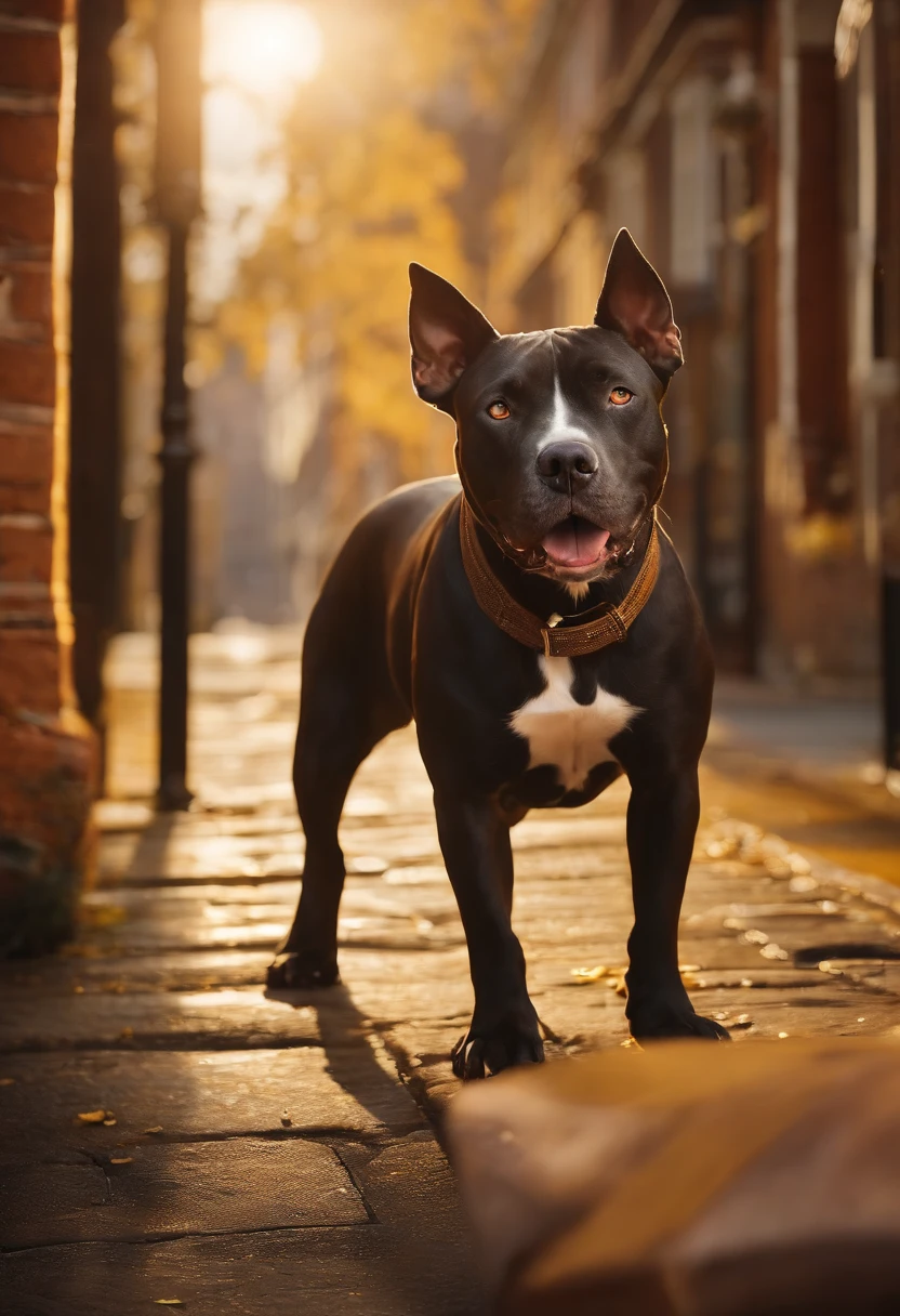 An image of a caramel pitbull dog, a black pub and a yellow cat, This image is inspired by a Pixar movie