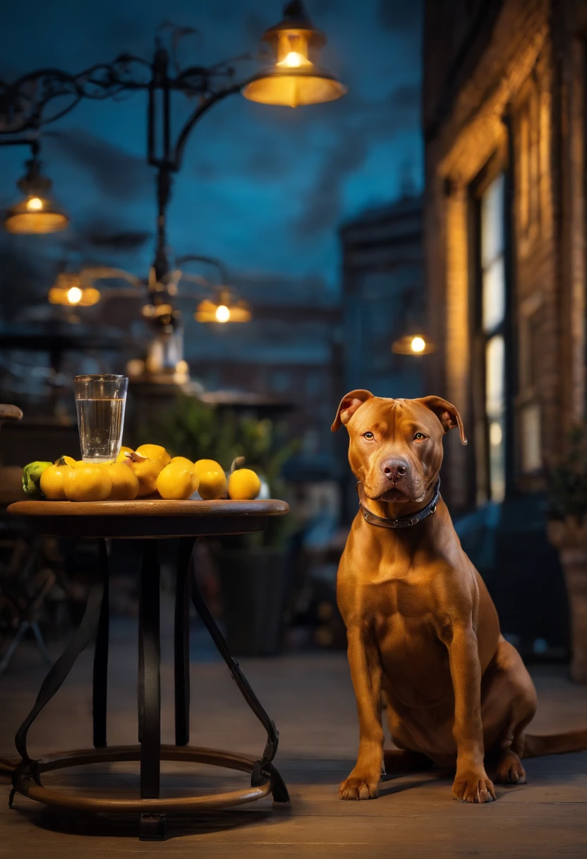 An image of a caramel pitbull dog, a black pub and a yellow cat, This image is inspired by a Pixar movie