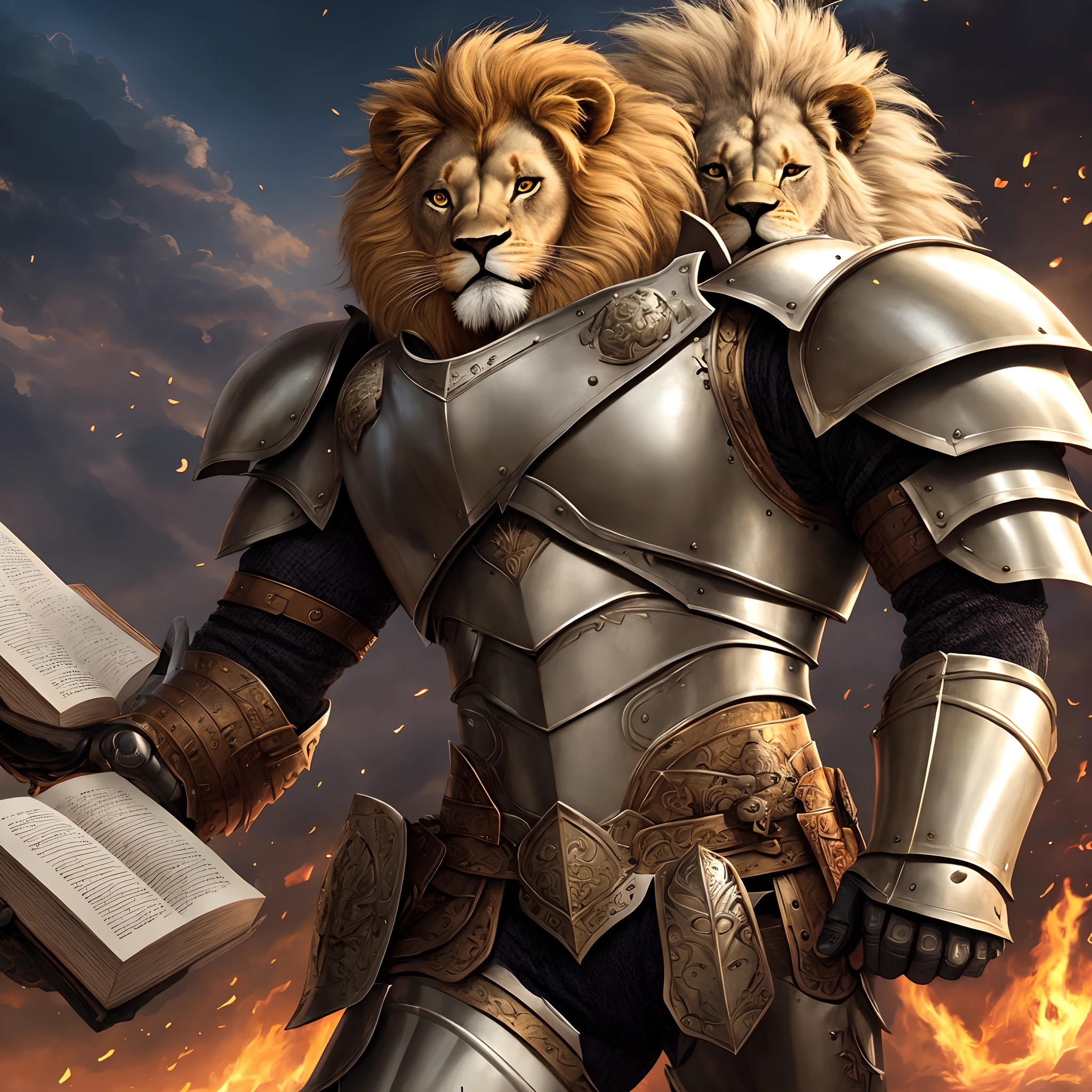 Lion in warrior armor and with a book